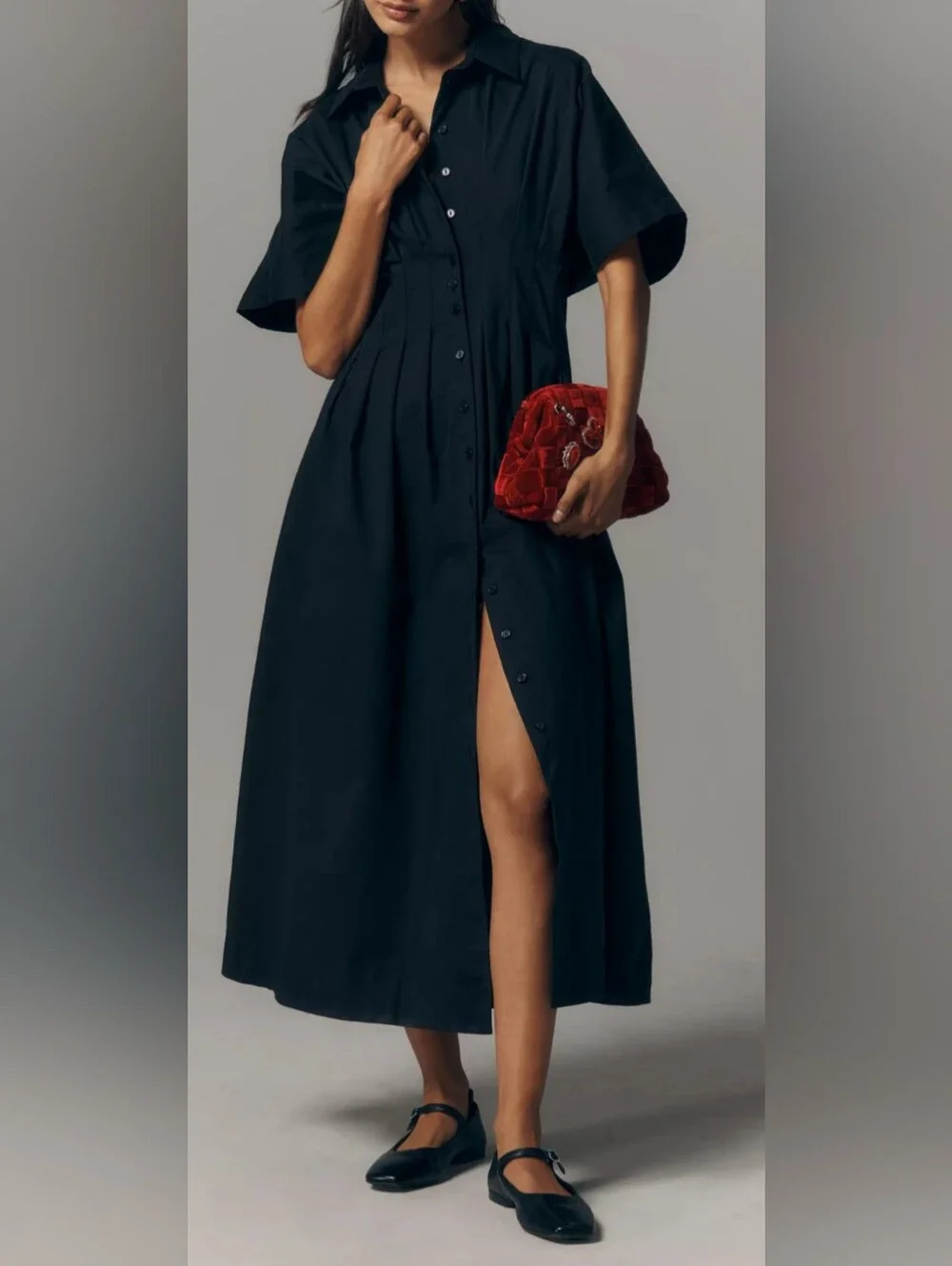 Anthropologie Tobie Shirt Maxi Dress by Exquise Large Black Button Front Classic